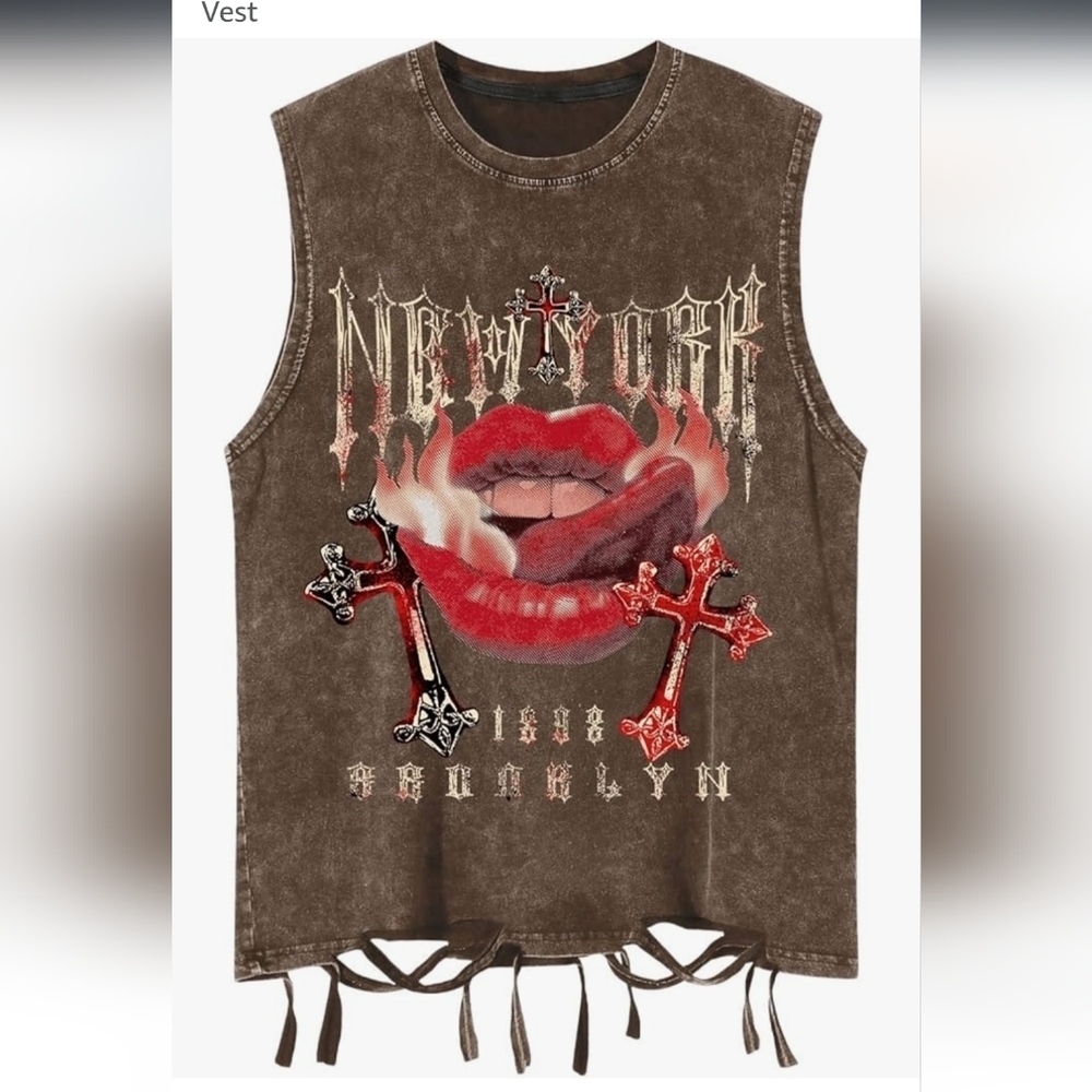 Brown Graphic Sleeveless Top with Red Accents